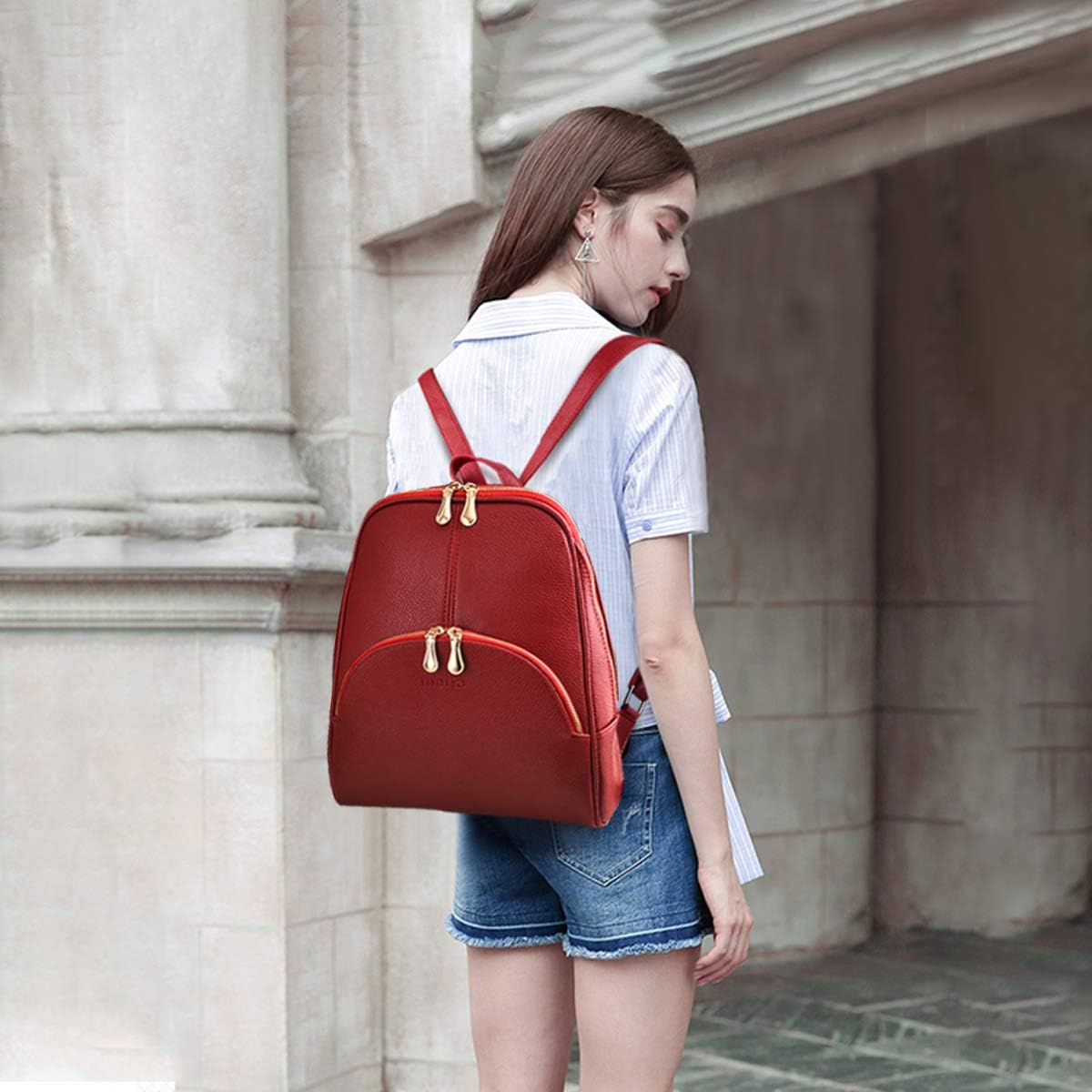 NICOLE & DORIS Women Backpack PU Leather Daypack Elegant Rucksack for Ladies Waterproof College Schoolbag Casual School Shoulder Bag Red - Image 3