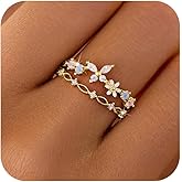 LOVECOM 925 Sterling Silver Cute Butterfly Daisy Flower Rings for Women 14K Gold Plated 2 Layered Colorful Opal CZ Floral Boho Stackable Statement Ring Jewelry Birthday Gifts to Daughter