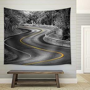 Black and White Curve Way of Asphalt Road in Nature with Yellow Line - Fabric Wall Tapestry Home Decor - 51x60 inches