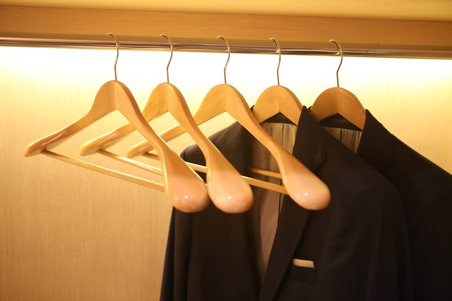 Wood Suit Hangers with Extra Wide Shoulder, Solid Wood Coat Hangers with Natural Finish, Heavy Duty Wooden Hangers for Suit, Coat, Jacket with Non Slip Bar, 360 Swivel Chrome Hook, (3)