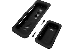 KESAPLAN Collapsible Sink Colanders and Strainers Basket Extendable Plastic Fruit Vegetable Strainer Drainer Basket for Kitchen (Length 13.6 inch-18.7 inch) (Black)