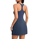 Womens Tennis Dress Pleated Racerback Athletic Dress with Built in Shorts Sleeveless Golf Dresses with Pockets