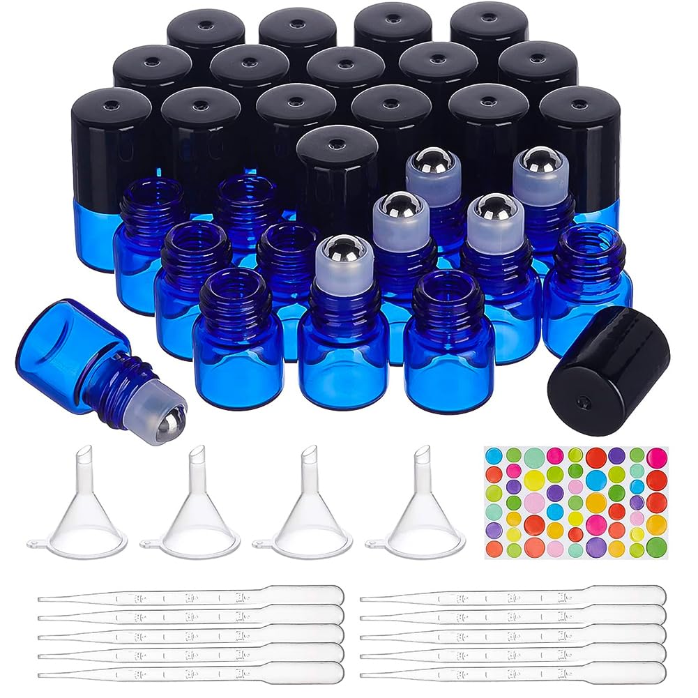 BENECREAT 30 Pack 1ml Blue Glass Roller Bottles Essential Oils Roller Bottles with Stainless Steel Roller Balls, 10PCS Droppers, 4PCS Funnels, 2PCS Bottle Openers and 1 Sheet Stickers