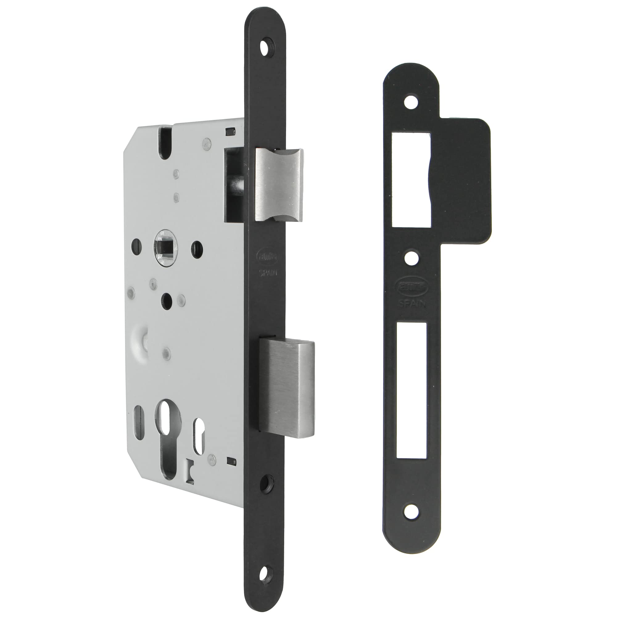 Amig - Mortice Lock for Wooden Doors | with Deadbolt | Rounded Front and Bracket | 50mm Distance | Reversible Latch | Steel | Matte Black | 230mm
