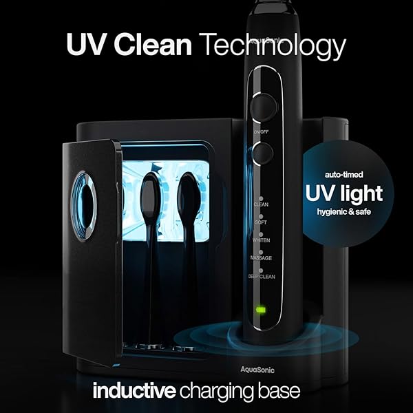 AQUASONIC BLACK SERIES PRO UV – ULTRA-WHITENING ELECTRIC TOOTHBRUSH – 5 MODES & SMART TIMERS – UV SANITIZING BASE, PREMIUM TRAVEL CASE & 6 PROFLEX BRUSH HEADS – ADA ACCEPTED