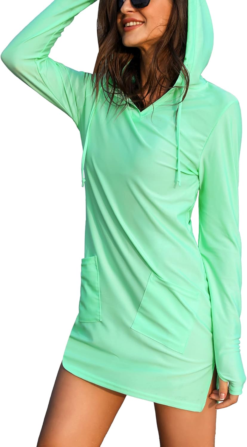 Sykooria Women's Long Sleeve Cover-Up Dress UPF 50+ UV Sun Protection Shirts SPF Hoodie Quick-Dry T-Shirt Outdoor Beach: Clothing