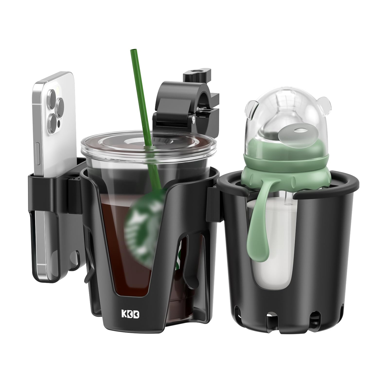KDD Pram Cup Holder with Phone Holder, Universal Drink Cup Holder, 3-in-1 Stroller Drinks Holder Baby Essentials for Pram, Pushchair, Buggy, Stroller, Bike, Wheelchair, Trolley Accessories