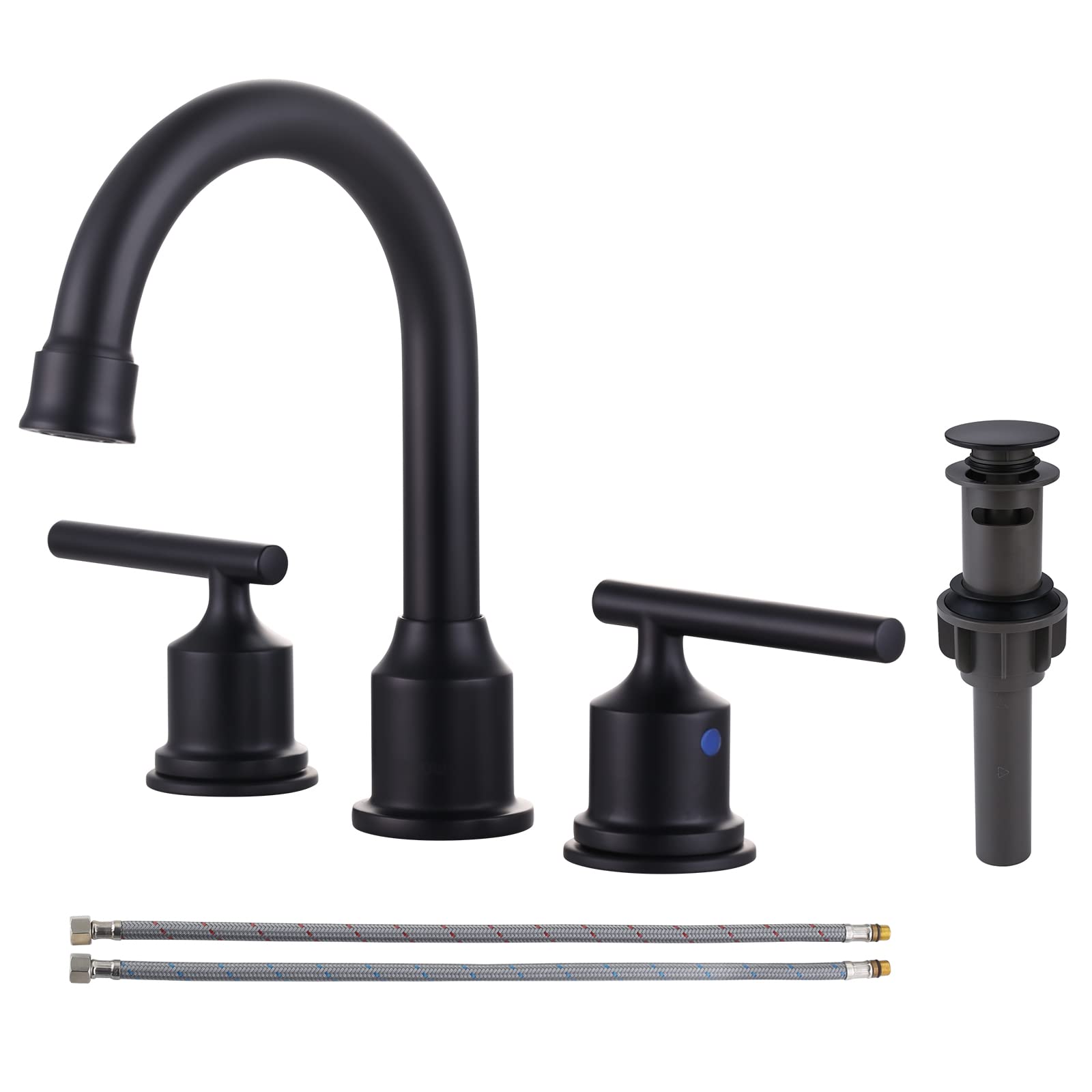 2 Handle Bathroom Faucet Matte Black Bathroom Sink Faucet Widespread Faucet with Pop Up Drain Brass Bathroom Faucet 3 Hole Vanity Faucet 8 Inch Basin Faucet
