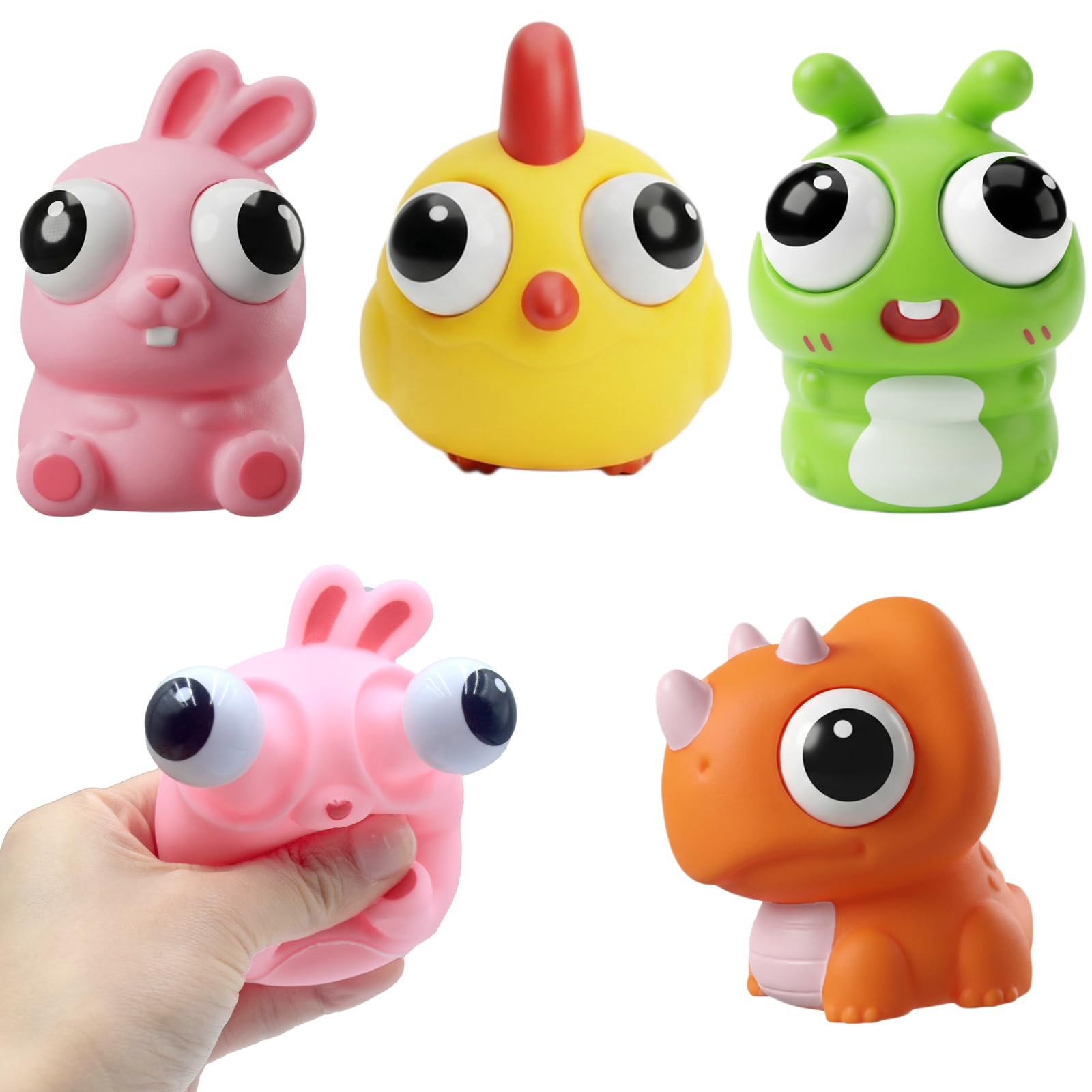 4 Pcs Squeeze Out Eyes Animal Toys, Popping Eye Chick/Caterpillar/Dinosaur/Bunny Toys, Easter Egg Fillers, Easter Basket Stuffers Essentials for Kids Boys Girls