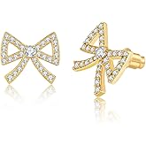 Gold Stud Earrings for Women, Hypoallergenic Bow Earrings Gold Plated with Zirconia, Trendy Cute Dainty Holiday Gift