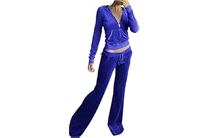 Women's 2 Piece Velour Tracksuits Long Sleeve Zipper Hoodie Cropped Jacket and Wide Leg Sweatpants Y2K Sweatsuit Set