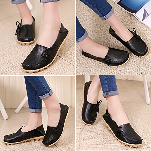 RT Group Women’s Leather Loafers Casual Shoes Moccasins Wild Breathable Flat Indoor Slip on Slippers (Size10, 1black) - Thumbnail 3