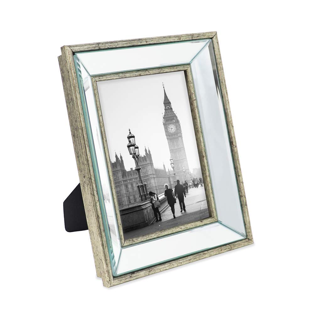 Isaac Jacobs 5x7 Silver Beveled Mirror Picture Frame - Classic Mirrored Frame with Deep Slanted Angle Made for Wall Décor Display, Photo Gallery and Wall Art (5x7, Silver)