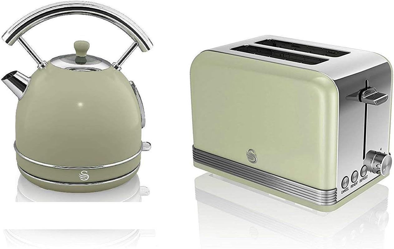Swan Kitchen Appliance Retro Set Green 1.8 Litre Dome Kettle & Green Modern 2 Slice Toaster