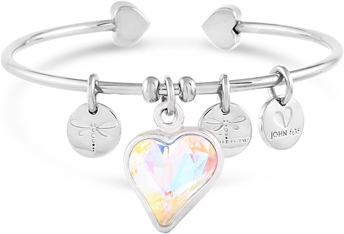 Forever Crystals Memoir Open Bangle with Rivoli in Silver - Heart April Purity
