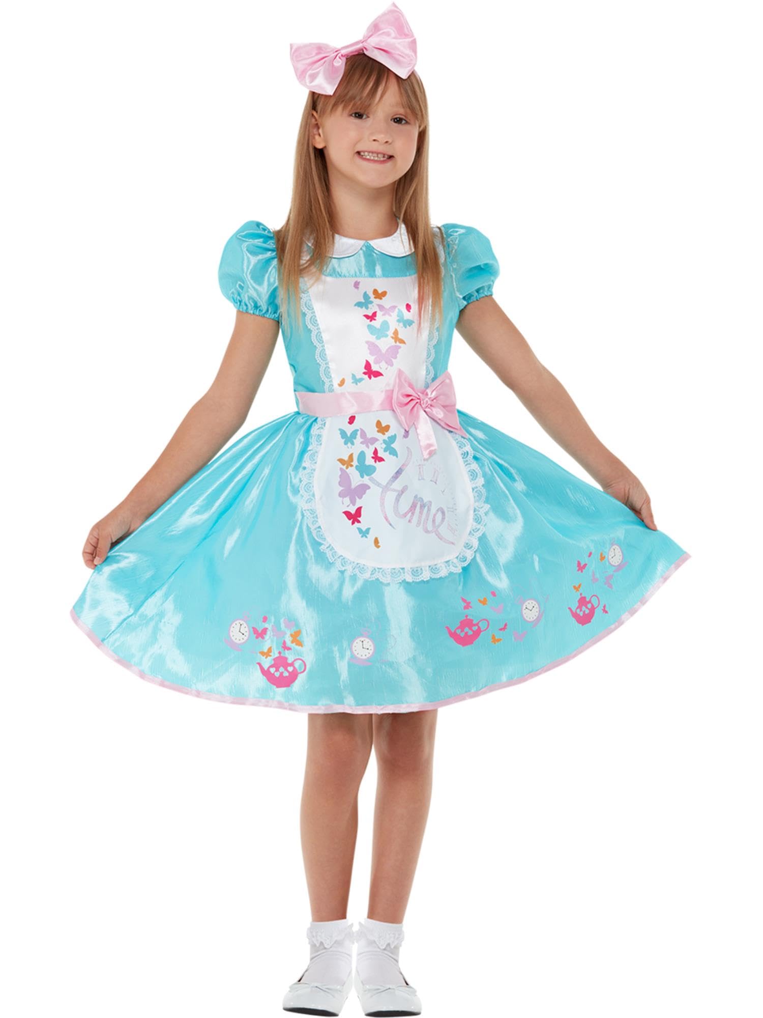 Smiffys Wonderland Costume, Blue Dress & Hair Accessory, Girls Fancy Dress, Storybook Character Dress Up Costumes