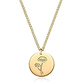 LADYGD Birth Flower Necklace 18K Gold Plated Necklaces for Women Disc Cuban Birthday Gold Jewelry Gifts for Women 12 Month