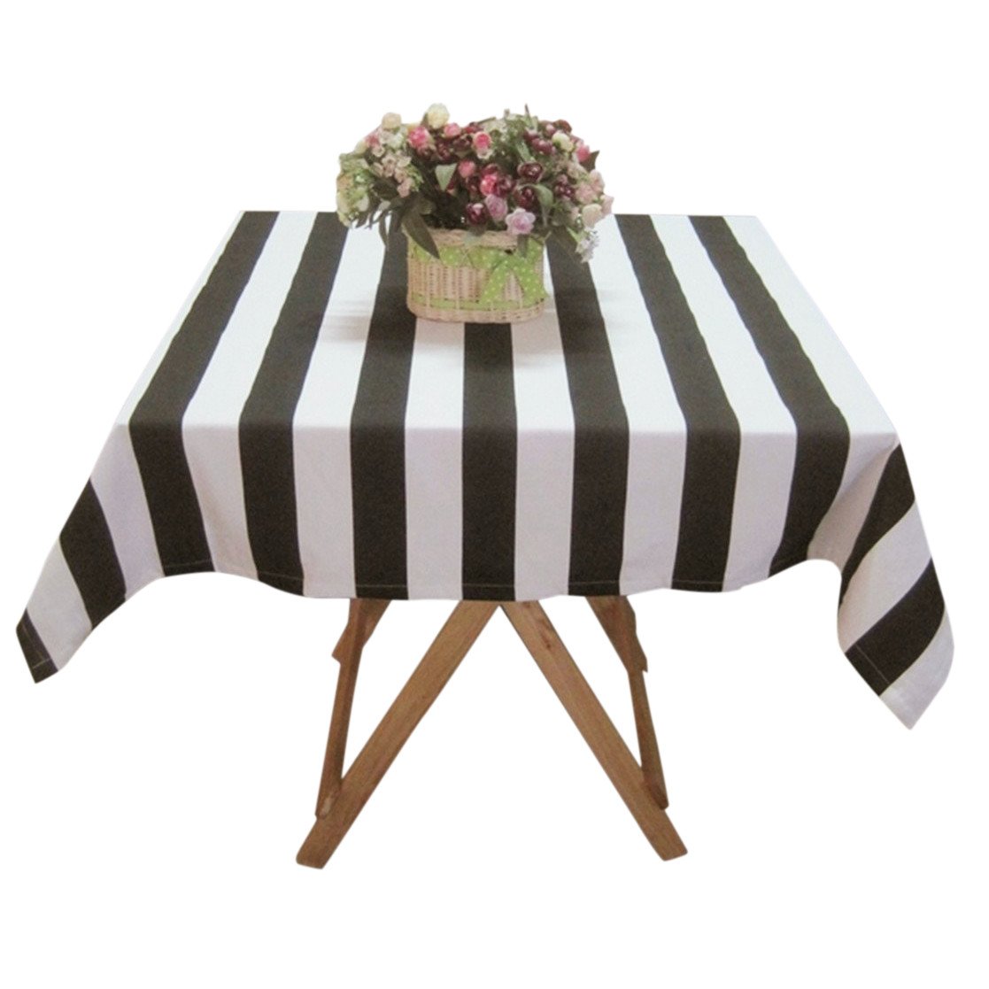 Ustide Black and White Striped Tablecloth Cotton Canvas Table Cover, Square, 55''x55