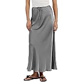 Meladyan Woman Drawstring High Elastic Waist Maxi Long Skirt A Line Flare Solid Slim Fitted Going Out Casual Midi Skirts