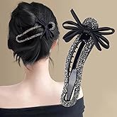 Black Bow Rhinestone Duckbill Flat Hair Clips For Women 4.72IN French Claw Clip Barrettes Sweet Decorative Crystal Ribbon Hairclips Cute Bowknot Rhinestones Claw Clips For Thick Thin Hair Accessories