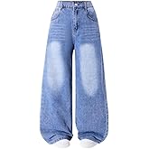 Nivne Tco Tween Girls Baggy Jeans Retro Elastic Waist Zipper Fly Cat Whisker Wide Leg Washed Denim Pants