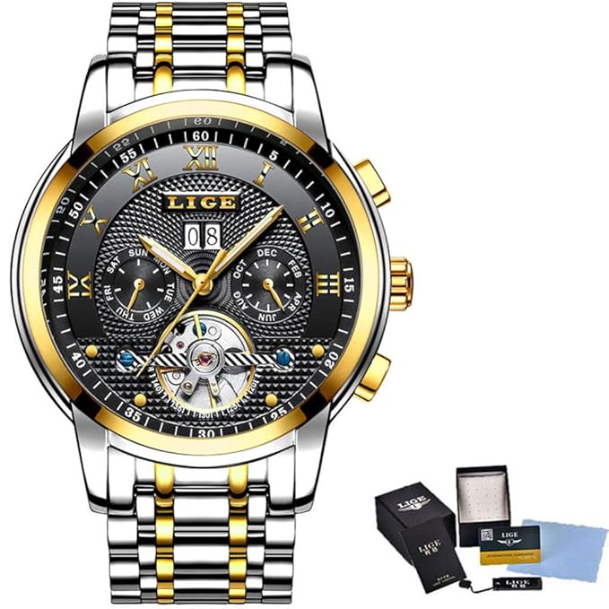 Watch-LUTEM Herren Automatic Mechanical Uhren Luxuriöse Wasserdichte Armbanduhren Uhr mit Edelstahlarmband, Datums- und Kalen