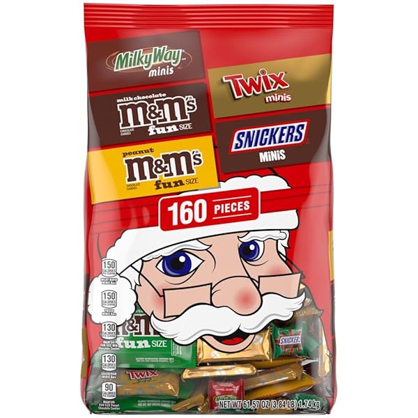 M&M’S MILK CHOCOLATE & PEANUT, SNICKERS, TWIX & MILKY WAY FUN SIZE MINI CHOCOLATE CANDY VARIETY PACK, CHRISTMAS CANDY INDIVIDUALLY WRAPPED STOCKING STUFFERS, 160-PIECE BULK BAG