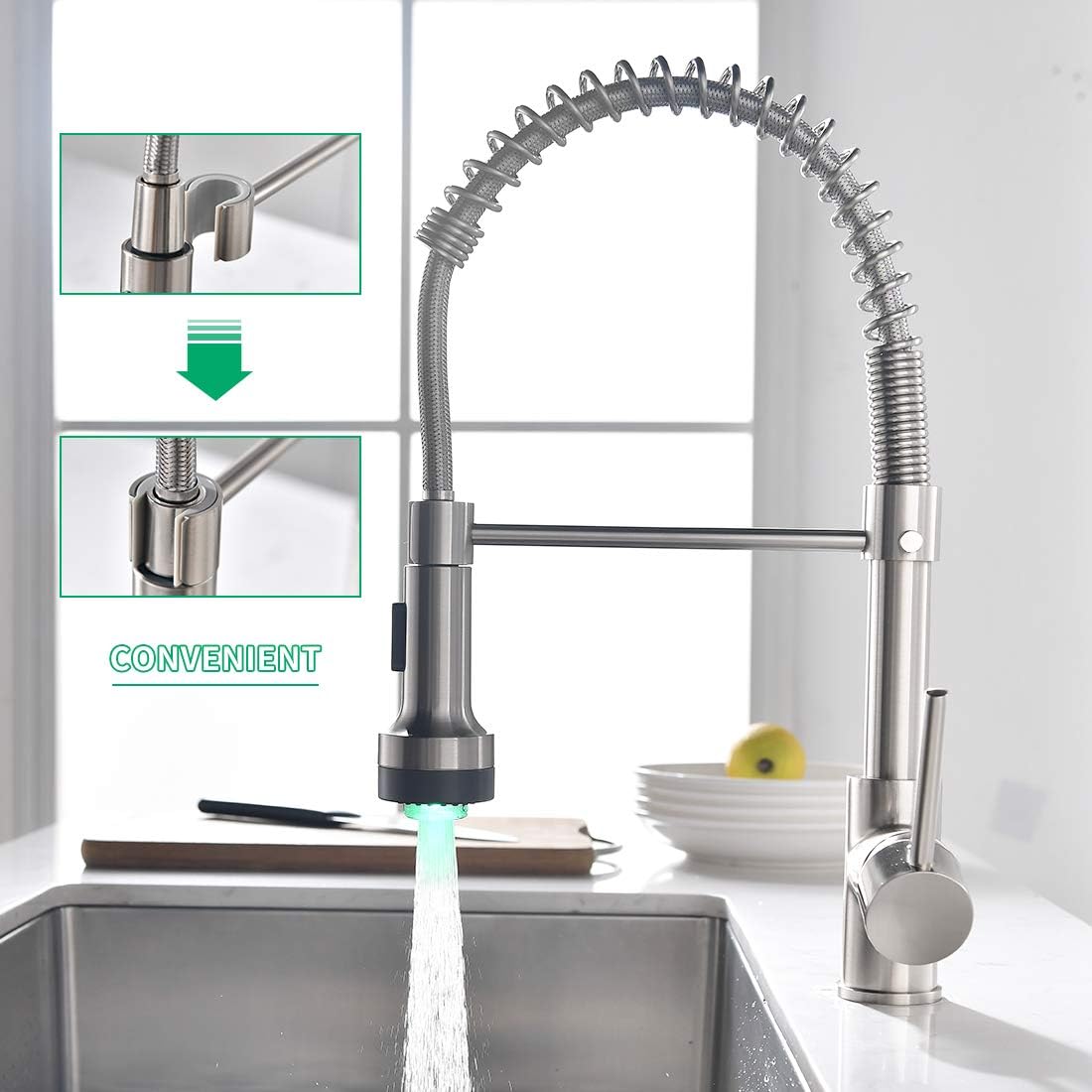 Modern Kitchen Faucet Pull Down Sprayer, Stainless Steel Single Handle Kitchen Sink Faucet with LED Light, Brushed Nickel - - 
