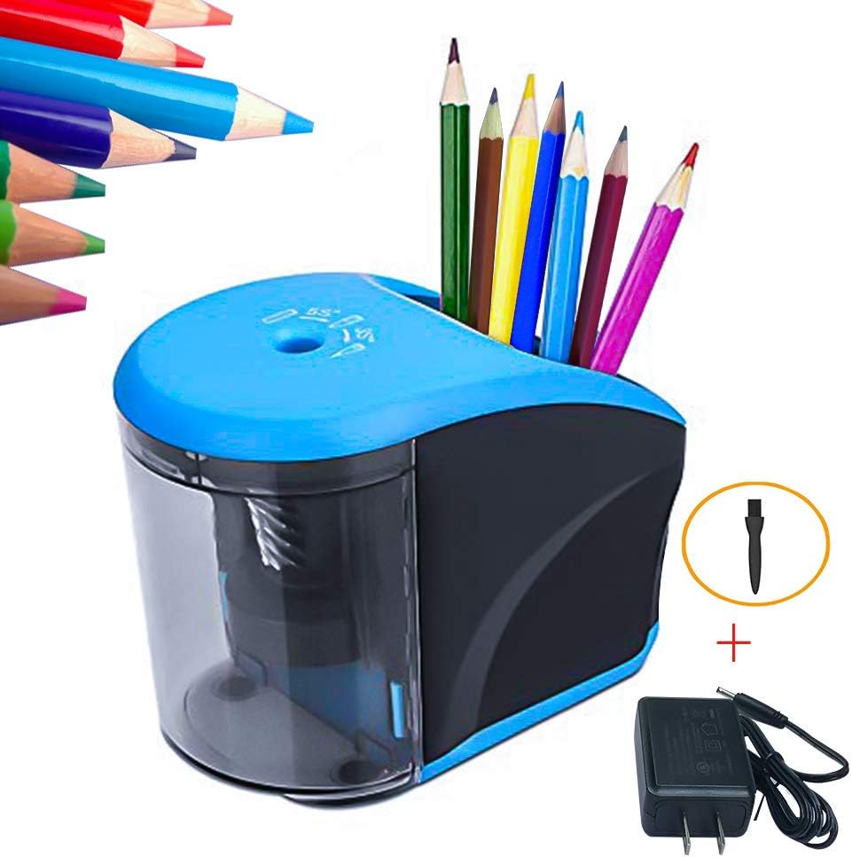 Electric Pencil Sharpener - AC Power Adapter(Include)/Battery Operated Pencil Sharpener with Pencil Holder,Heavy Duty Blade for Colored Pencils Essential School Supply for Home Classroom (Blue)