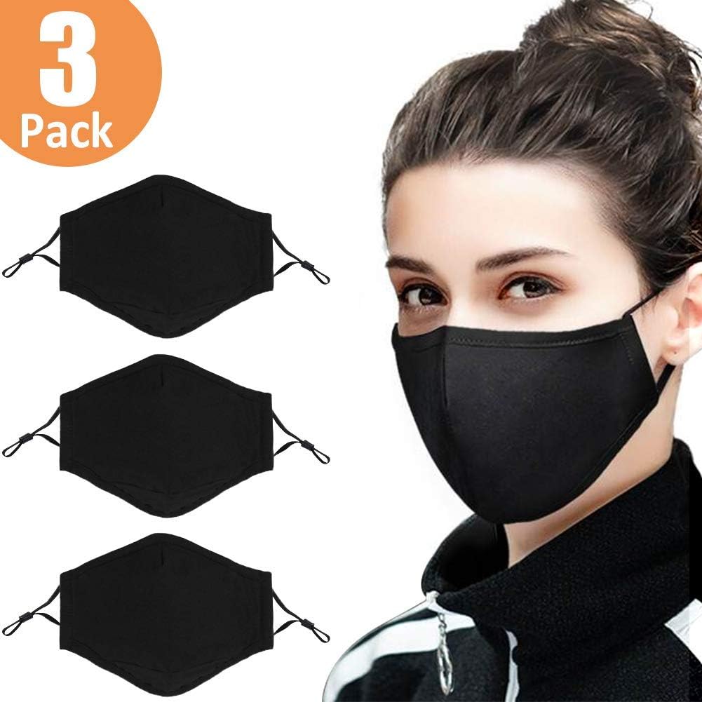 Dust Mask, 3 Pack Cotton Mouth Mask Anti Dust Pollution Mask, Washable Fashion PM2.5 Face Mask Reusable Windproof Dust Mask for Men Women with Adjustable Straps-Black