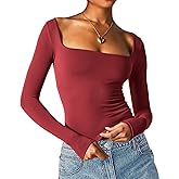 Beumissy Women's Sexy Long Sleeve Square Neck Tops Slim Fitted Double Lined Basic Shirts