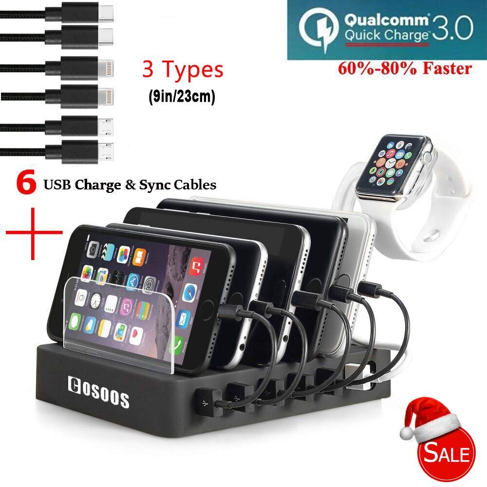 COSOOS Fastest Charging Station with QC 3.0 Quick Charge,6 USB Cables(3 Types),l Watch Holder,Universal 6-Port Charger Station Dock,Charging Docking Stand for Multiple Devices,Phones,Tablets