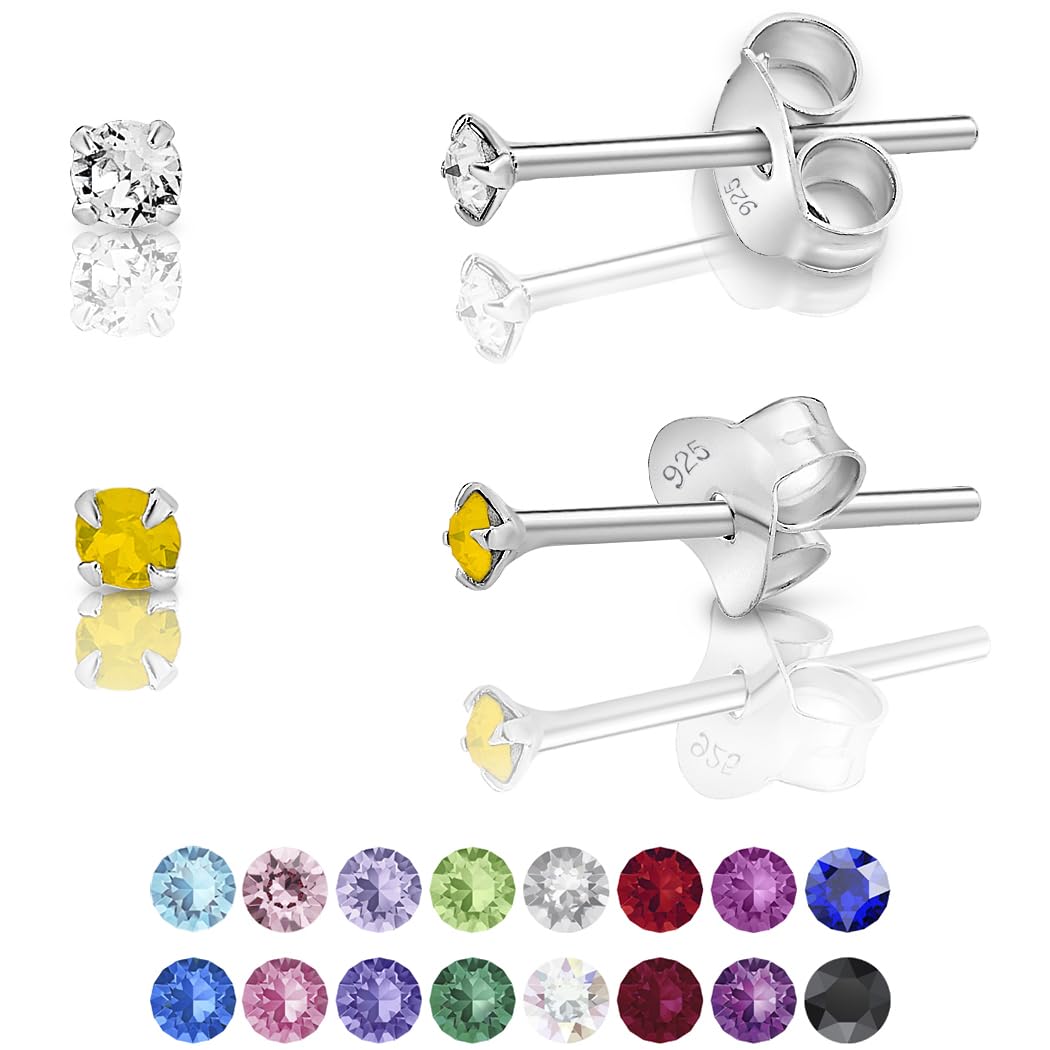 DTPSilver - Set of 2 PAIRS of 925 Sterling Silver Round TINY Stud Earrings made with Glittering Crystals from Swarovski® Elements - Diameter: 2 mm - Colour : Yellow Opal