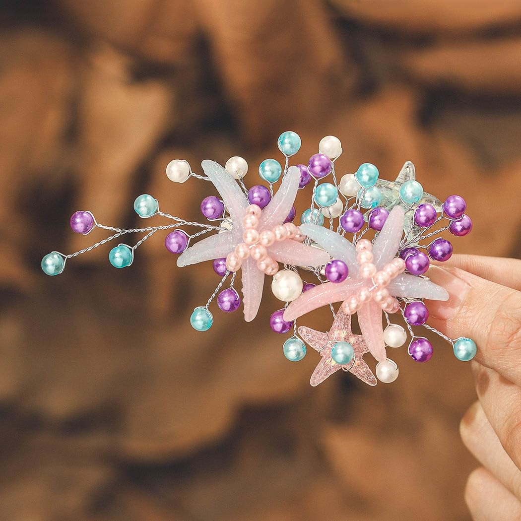 IYOU Bridal Wedding Hair Clips Blue Starfish Hair Piece Pearl Barrette Bride Bridesmaid Hair Accessories for Women and Girls