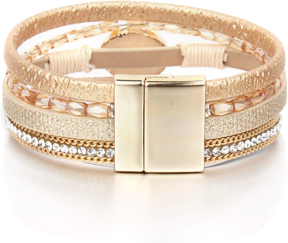 Leather Wrap Bracelet Boho Cuff Bracelets Crystal Bead Bracelet with Magnetic Clasp for Women Handmade Layered Bracelet for Women Teens(7.7", Gold): Clothing