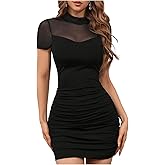 Floerns Women's Short Sleeve Mesh Mini Dress Ruched Bodycon Graduation Going Out Dresses