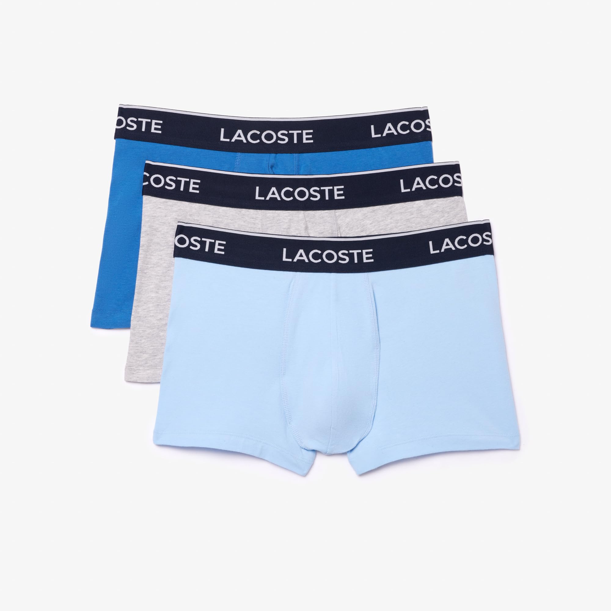 Lacoste Men’s Cotton Stretch Essentials Trunks, 3-pack, Light Blue/Bright Blue/Grey, X-Large