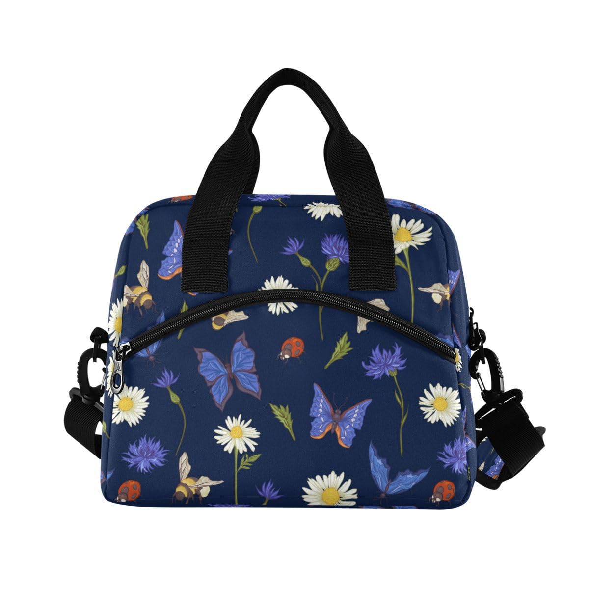 ALAZA Lunch Bags for Women Girls Boys, Blue Butterfly On White Daisy Flower Insulated Lunch Box with Shoulder Straps and Handle, Crossbody Tote Lunch Bag for School Office