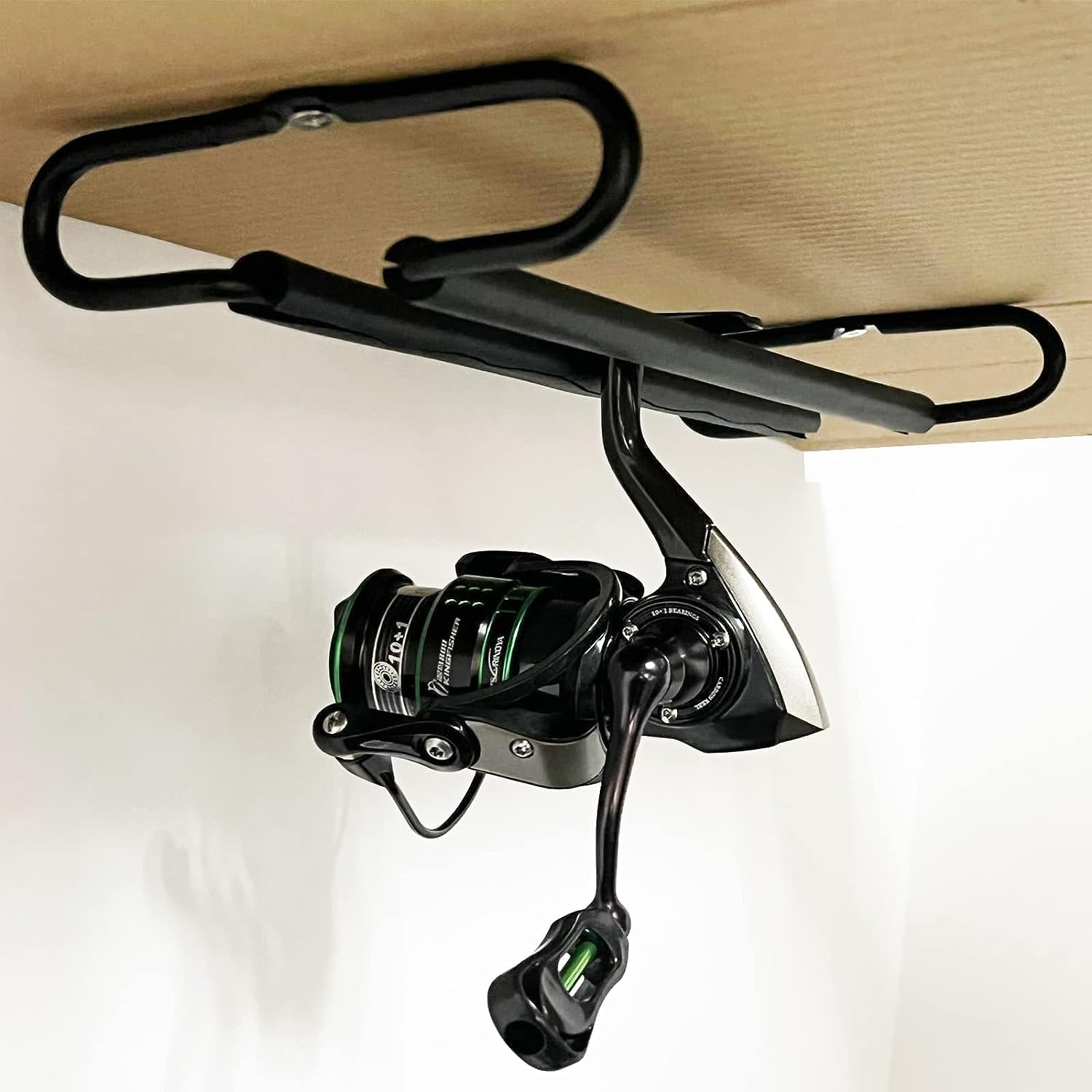 AUXPhome Metal Fishing Reel Display Rack - Ceiling Mount Storage Rack Organizer for Garage, Cabin and Basement - Holds 3 Reels