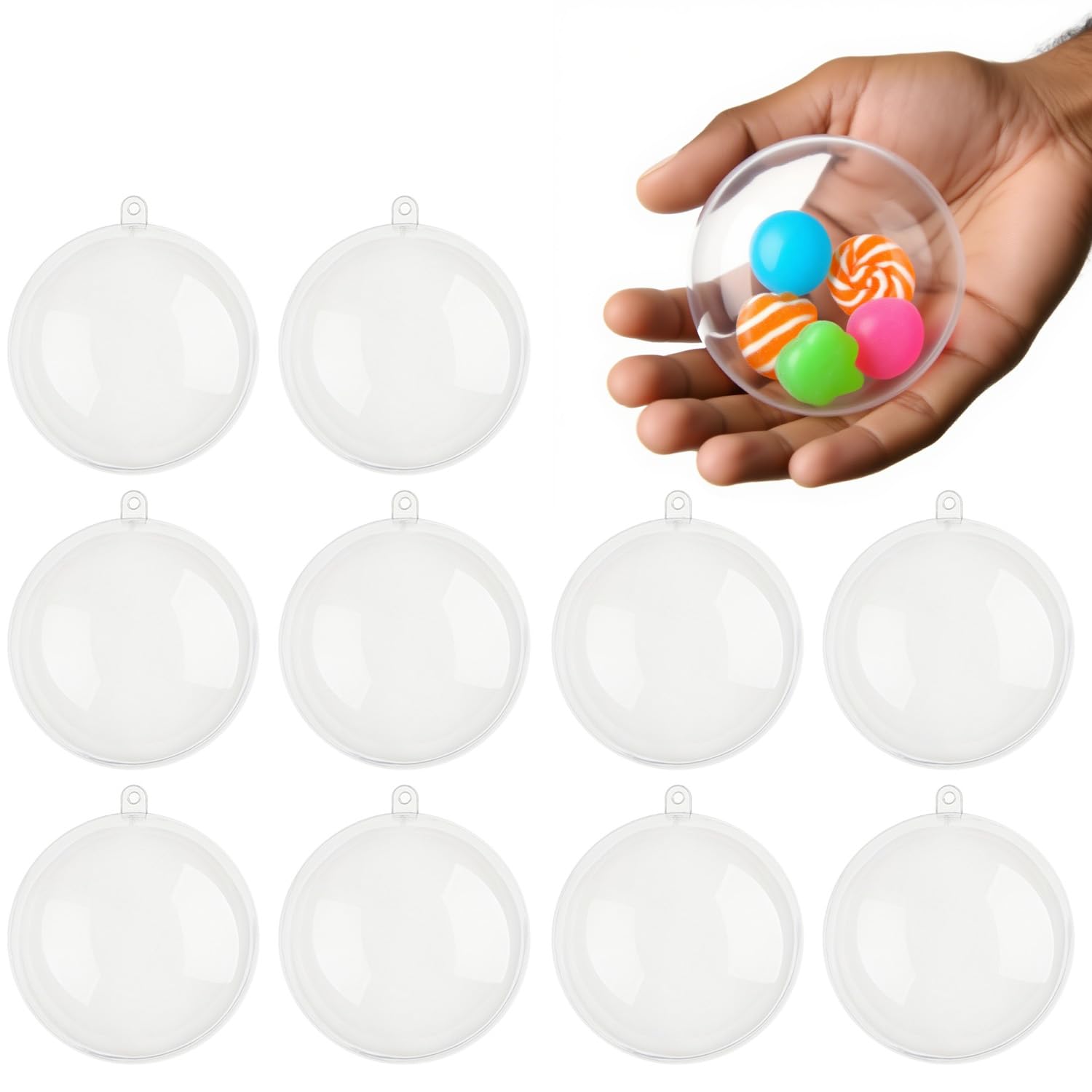 Photo 1 of 10 Pack Clear Plastic Fillable Christmas Ornaments 60mm, DIY Transparent Ball Ornaments for Crafts, Hanging Tree Decorations and Holiday Home Décor