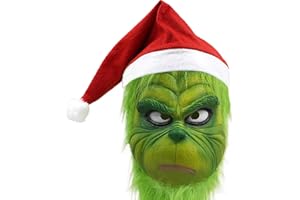 WPOZD Deluxe Christmas Mask with Santa Hat, Green Plush Fur, Holiday Costume Accessory