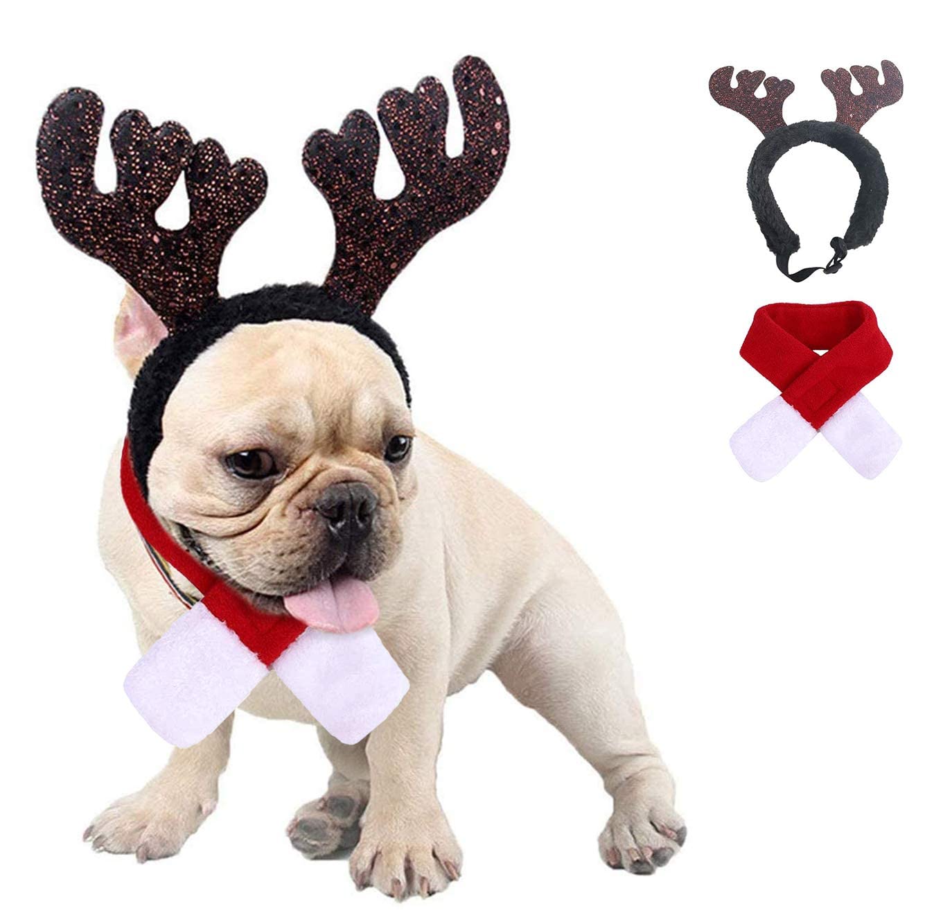 Reindeer Antlers for Dogs Headband, Small Dog Reindeer Costume Christmas Pet Outfit, Xmas Dog Deer Hat & Scarf Costume Suit Pet Christmas Cosplay
