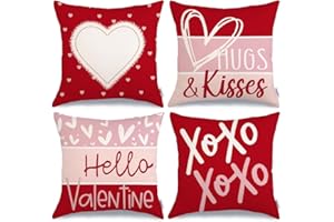 GEEORY Valentine's Day Throw Pillow Covers 18 x 18 Inch Set of 4, Red Heart XOXO Striped Hello Valentine Hugs & Kisses Decorative Pillowcases for Home Sofa Couch Cushion Decoration G414-18
