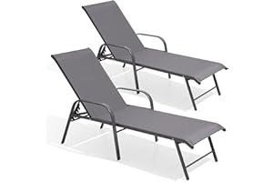 Crestlive Products Chaise Lounge Chair Outdoor with Armrests, Pool Lounge Chairs Set of 2, Aluminum Adjustable 5 Positions Sun Tanning Lounger for Patio, Poolside, Yard, Deck, Backyard (Grey)