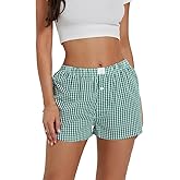 Women's Lounge Shorts Cute Soft Elastic Low Waist Plaid Print Button Front Pajama Bottoms Boxer Shorts Sleepwear