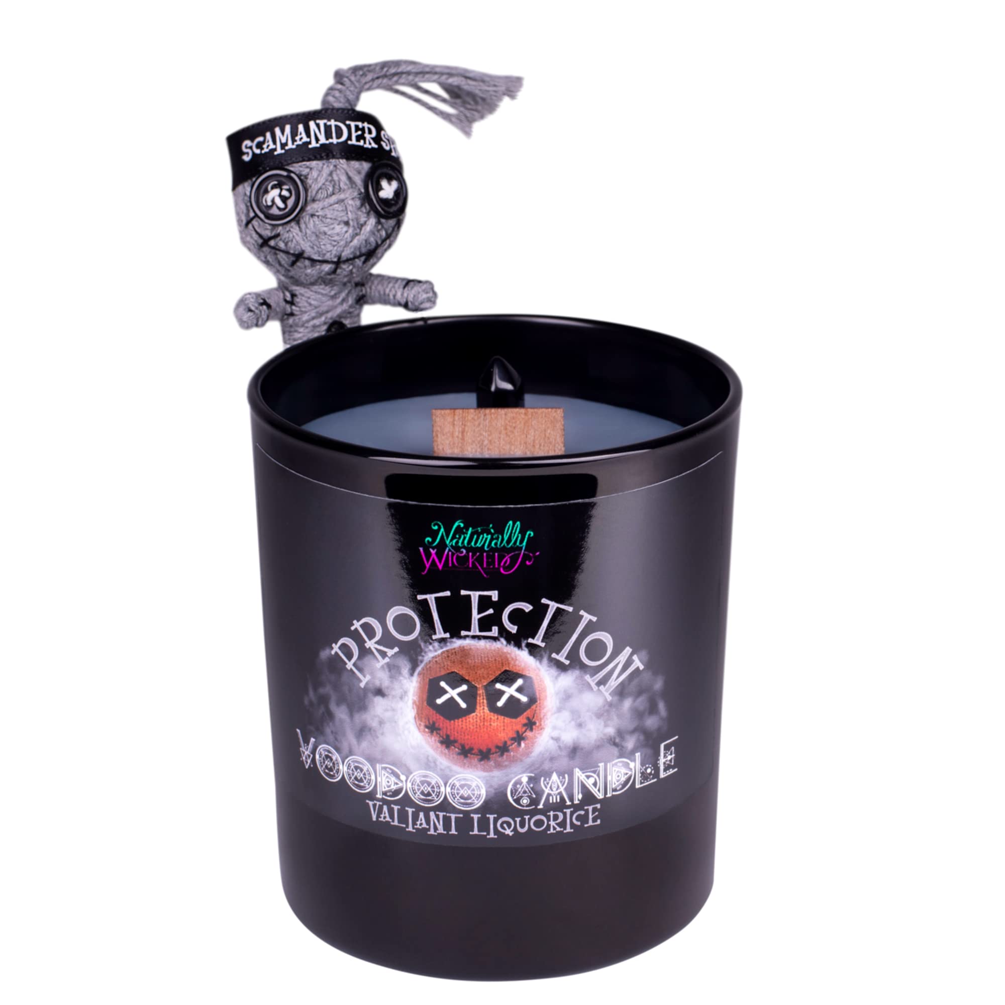 Naturally Wicked Voodoo Protection Candle Set - Inc. Voodoo Doll, Crystal, Wood Wick, Valiant Liquorice Scent & Gift Box