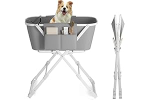 DISHUP Portable Dog Bathtub, Pet Bathing Station for Home-Grooming Tub, Elevated Foldable Dog Shower Tub with Side Pocket,Indoor and Outdoor,5 Adjustable Height Levels,Grey