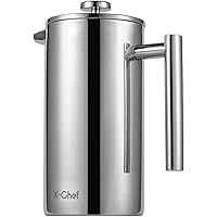 X-Chef 50oz/1500ml French Press, 304 Stainless Steel Coffee Press Coffee Maker, Double-Wall & 3-Layered Filtration with…