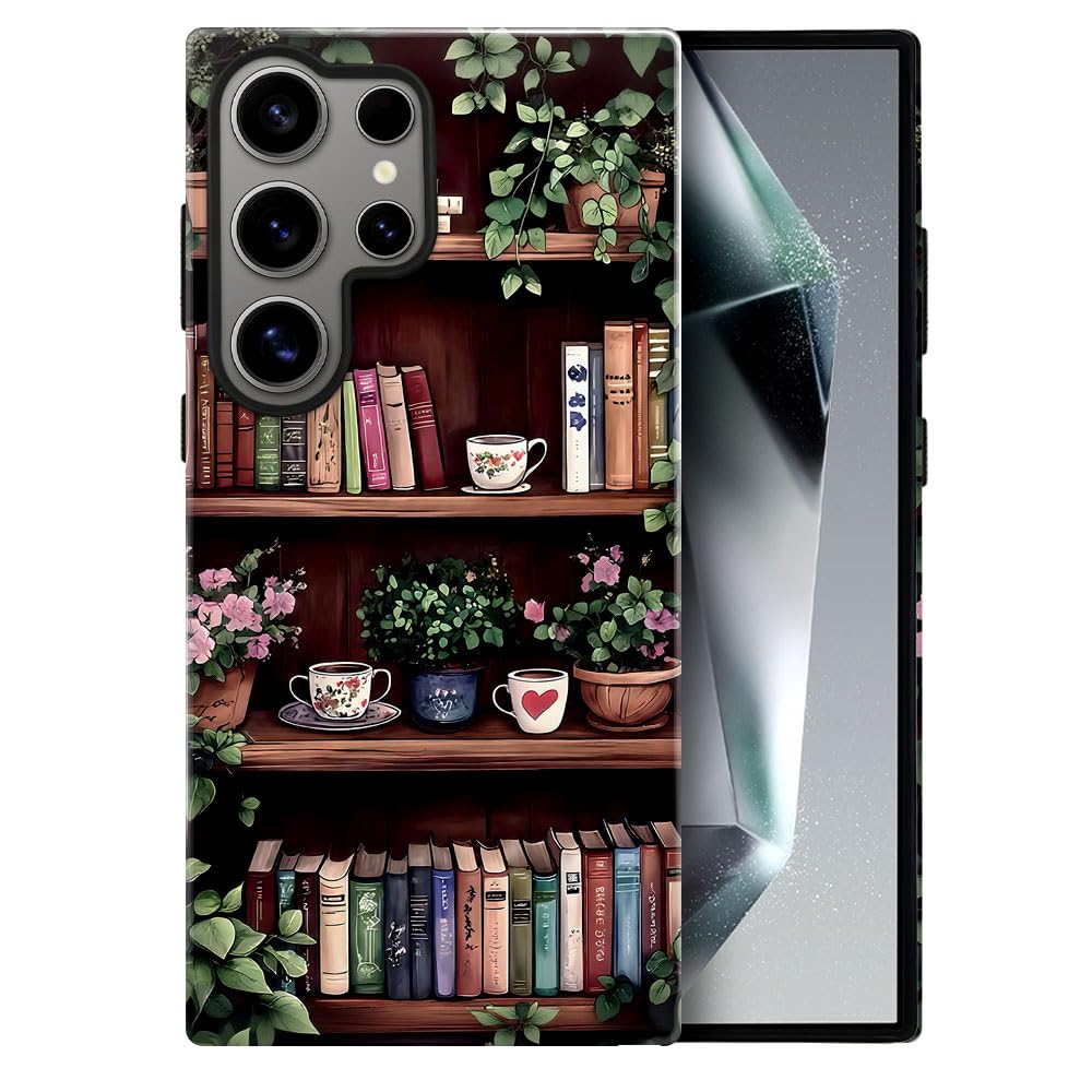 Case for Samsung Galaxy S24 Ultra,Vintage Bookshelf Floral Case Glossy Slim Silicone Shockproof Cover for Girls Women