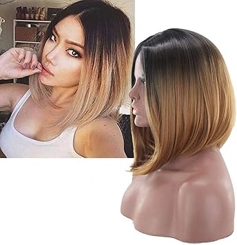 Amazon Co Jp 女性のかつら ウィッグレディショートヘアミッドスプリットショートストレートヘアカラーリンググラデーションケミカルファイバー ヘアウィッグフード デイリーパーティー用 スポーツ アウトドア